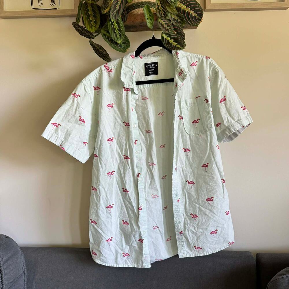 Alpha Beta Mens Flamingo Print Summer Shirt Cotton Button Down Large